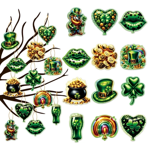 St Patricks Day Hängende Ornamente Papier Geschenkanhänger Grüner Klee Leprechaun Regenbogen Irische Party Deko Mit Seilen