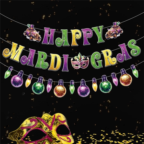 Banner Decorativo Festa Mardi Gras Cartone Ghirlanda Lettere Maschera Auto Epoca Lampadina Carta