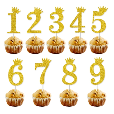 Goldener Glitzer Zahl Kuchenstecker Mit Krone Für Geburtstag Jahrestag Party Dekoration Dessert Zubehör