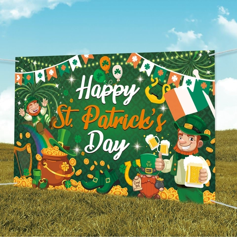 Happy San Patrizio Banner Sfondo Poliestere Verde Trifoglio Leprechaun Arcobaleno Fortuna Irlanda Decorazione Festa Fondo
