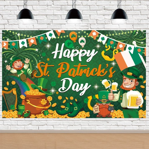 Happy San Patrizio Banner Sfondo Poliestere Verde Trifoglio Leprechaun Arcobaleno Fortuna Irlanda Decorazione Festa Fondo
