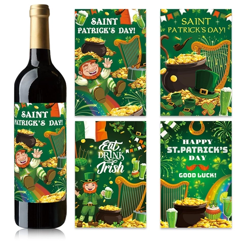 Saint Patrick's Day Wine Bottle Stickers Waterproof Adhesive Beverage Labels Leprechaun Shamrock Design Irish Party Decor