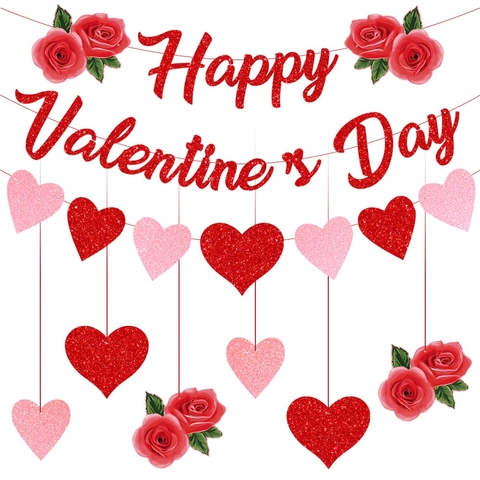 Valentine's Day Decoration Set Glitter Paper Heart Rose Banner Romantic Party Hanging Decor For Wedding Proposal Anniversary