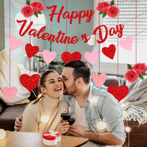 Valentine's Day Decoration Set Glitter Paper Heart Rose Banner Romantic Party Hanging Decor For Wedding Proposal Anniversary