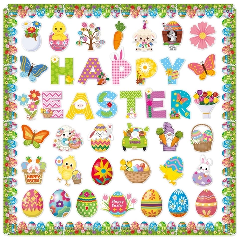 Happy Easter Bulletin Board Decorations Set Paper Bunny Egg Chick Spring Classroom School Office Wall Party Decor Cutouts