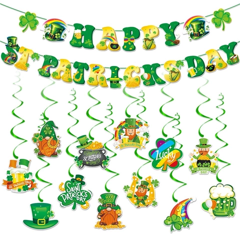 Happy St Patricks Day Party Decorations Banner Swirls Clover Shamrock Irish Festival Green Paper Hanging Ornament Decor