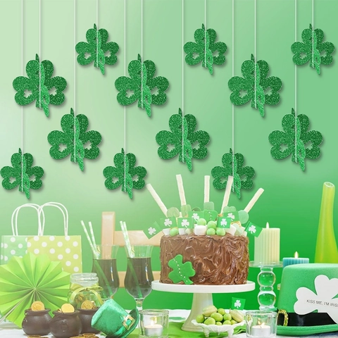 Decorazioni Appese Trifoglio San Patrizio Glitter Verde 3D Ornamenti Trifogli Festa Irlandese Soffitto Parete