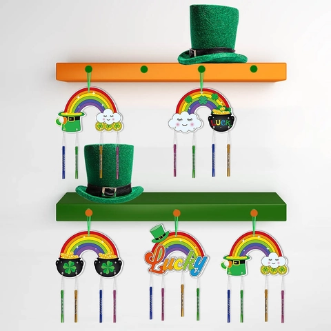 St Patricks Day Wind Chimes Hanging Decoration Rainbow Shamrock Gold Pot Paperboard Metal Tubes DIY Craft Party Ornament