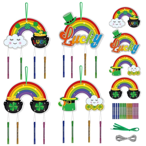 St Patricks Day Wind Chimes Hanging Decoration Rainbow Shamrock Gold Pot Paperboard Metal Tubes DIY Craft Party Ornament