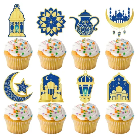 Toppers Per Cupcake Ramadan Carta Eid Mubarak Decorazione Per Torta Moschea Lanterna Luna Stella Oro Per Festa Di Festival Dessert