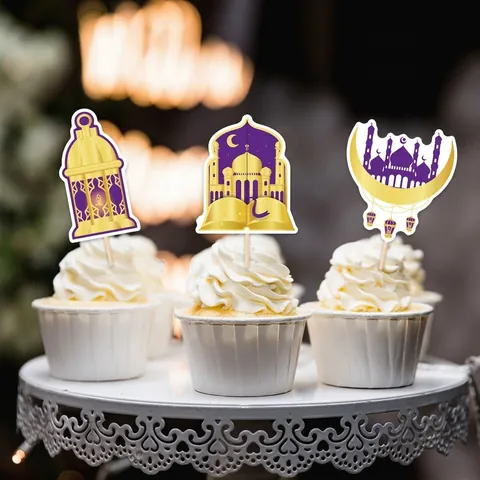 Toppers Per Cupcake Ramadan Carta Eid Mubarak Decorazione Per Torta Moschea Lanterna Luna Stella Oro Per Festa Di Festival Dessert
