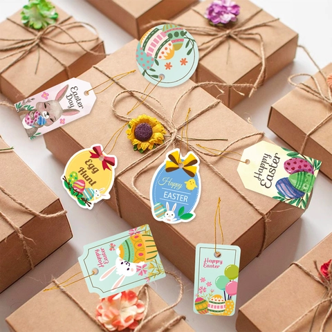 Easter Gift Tags Paper Hanging Ornament Rabbit Chick Egg Patterns Party Decoration With Gold String