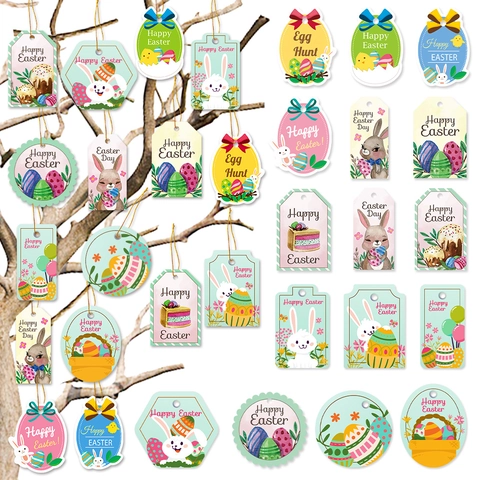 Easter Gift Tags Paper Hanging Ornament Rabbit Chick Egg Patterns Party Decoration With Gold String