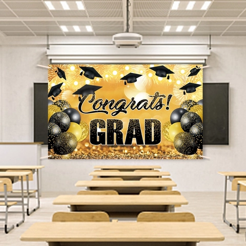 Graduation Party Backdrop Polyester Congrats GRAD Banner Black Gold Glitter Mortarboard Balloon Ceremony Decor