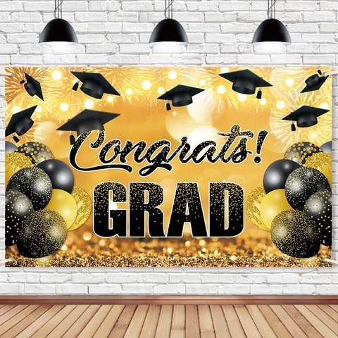 Graduation Party Backdrop Polyester Congrats GRAD Banner Black Gold Glitter Mortarboard Balloon Ceremony Decor