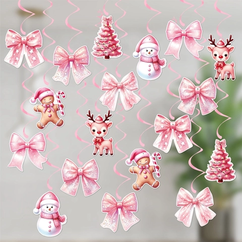 Pink Christmas Swirl Hanging Decorations Set Xmas Bow Gingerbread Man Snowman Elk Ceiling Spiral Ornaments For Party Birthday Home Decor