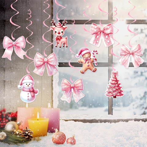 Pink Christmas Swirl Hanging Decorations Set Xmas Bow Gingerbread Man Snowman Elk Ceiling Spiral Ornaments For Party Birthday Home Decor