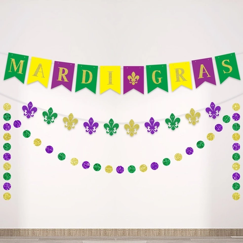 Mardi Gras Party Decoration Banner Glitter Paper Fleur De Lis Hanging Garland Purple Green Gold Carnival Masquerade