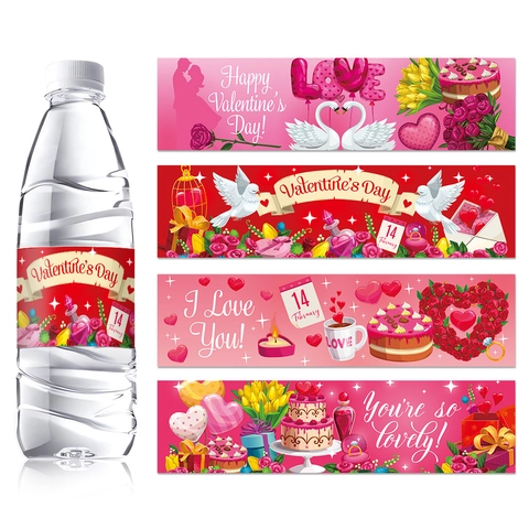 Valentine Day Water Bottle Labels Paper Romantic Heart Swan Wine Bottle Stickers Anniversary Engagement Party Decoration