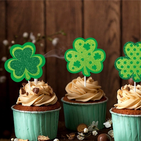 St Patrick's Day Shamrock Cupcake Toppers Green Glitter Paper Cake Decorating Picks For Irish Party Favors Birthday Dessert Supplies