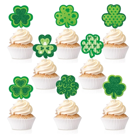 St Patrick's Day Shamrock Cupcake Toppers Green Glitter Paper Cake Decorating Picks For Irish Party Favors Birthday Dessert Supplies