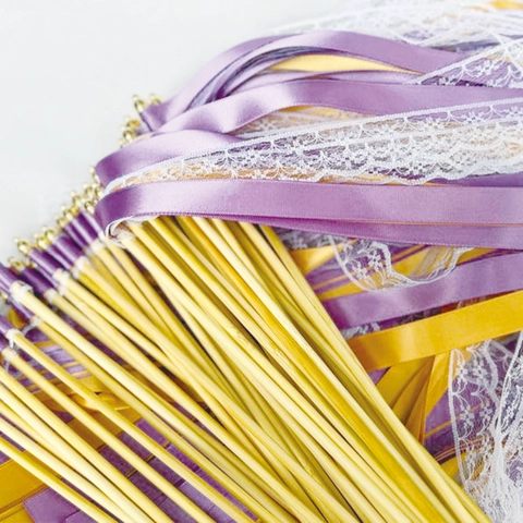 Bacchette Di Nastro Matrimonio Festa Pizzo Nastro Di Raso Con Piccola Campanella Bastone Legno Bacchetta Magica Celebrazione