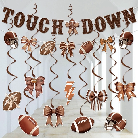 American Football Theme Party Decoration Set Glitter Touchdown Banner Hanging Swirls Sport Birthday Event Brown Paper