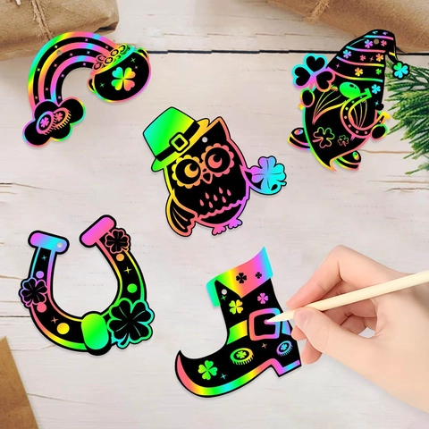 Kit Di Carta Per Arte Da Grattare Per San Patrizio Trifoglio Fortunato Gnomo Arcobaleno DIY Ornamenti Da Appendere Legno Nastri Per Bambini Articoli Feste