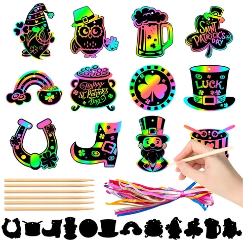 Kit Di Carta Per Arte Da Grattare Per San Patrizio Trifoglio Fortunato Gnomo Arcobaleno DIY Ornamenti Da Appendere Legno Nastri Per Bambini Articoli Feste