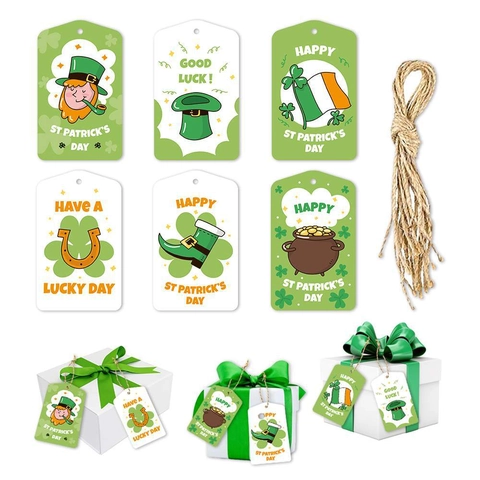 Etichette Regalo St Patricks Day Cardstock Ornamenti Da Appendere Con Spago Trifoglio Cappello Leprechaun Decorazione