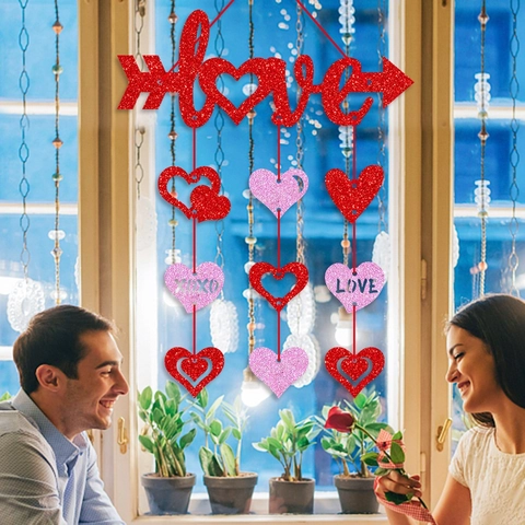 Valentine Day Door Hanging Sign Glitter Paper Heart Garland Wedding Party Atmosphere Decor Love Arrow XOXO Romantics