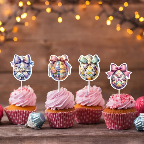 Easter Egg Cake Topper Papier Cupcake Picks Mit Schleifen Für Party Dessert Dekoration Bunte Karierte Blumenmuster