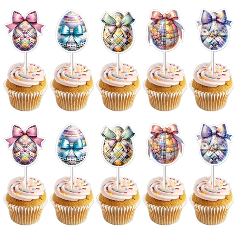 Easter Egg Cake Topper Papier Cupcake Picks Mit Schleifen Für Party Dessert Dekoration Bunte Karierte Blumenmuster