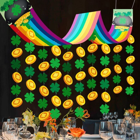 St Patricks Day Decoratie Regenboog Achtergronddoek Polyester Klaver Gouden Munten Hangende Ornamenten Ierse Festival Feest DIY