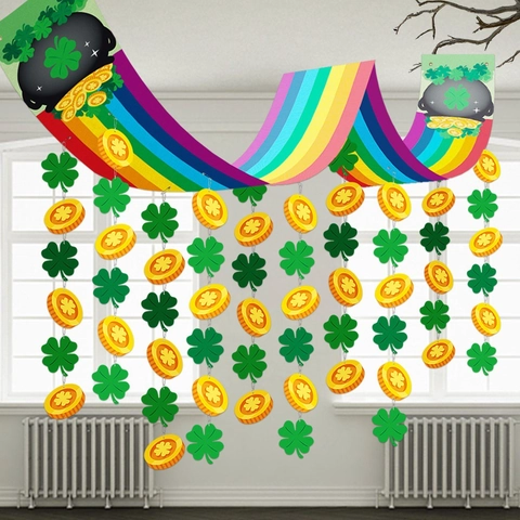 St Patricks Day Decoratie Regenboog Achtergronddoek Polyester Klaver Gouden Munten Hangende Ornamenten Ierse Festival Feest DIY