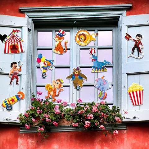 Adesivi Decorazione Festa Carnevale Circo Cartoncino Decorazione Parete Finestra DIY Cartone Animato Clown Animale Compleanno