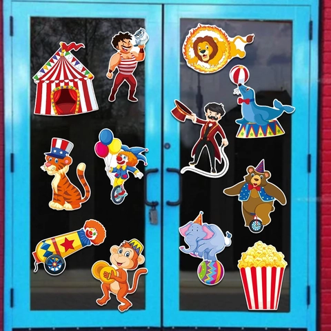 Adesivi Decorazione Festa Carnevale Circo Cartoncino Decorazione Parete Finestra DIY Cartone Animato Clown Animale Compleanno