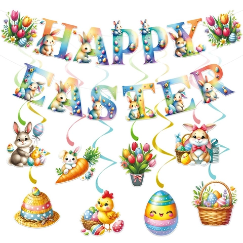 Decorazione Di Pasqua Banner Appeso E Ciondolo A Spirale Carta PVC Cartone Animato Coniglio Pulcino Colorato