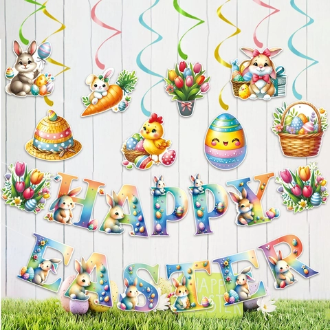 Decorazione Di Pasqua Banner Appeso E Ciondolo A Spirale Carta PVC Cartone Animato Coniglio Pulcino Colorato