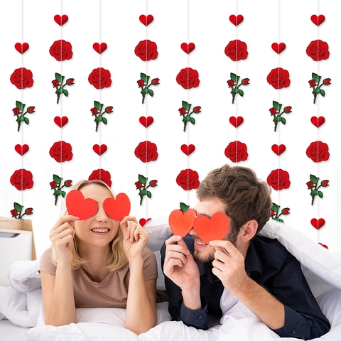 Valentine Day Red Rose Heart Hanging Garland Paper Banner Wedding Party Proposal Decoration Romantic