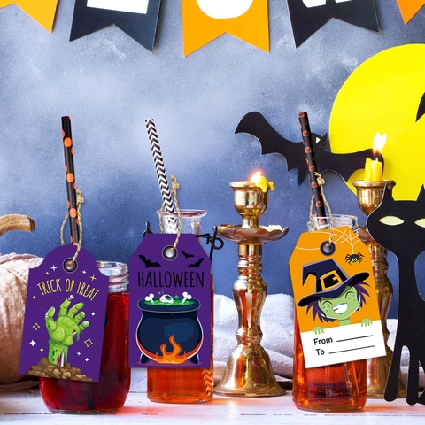Etichette Regalo Halloween Cartone Bianco Cartone Animato Fantasma Zucca Scheletro DIY Decorazione Sospesa Con Spago