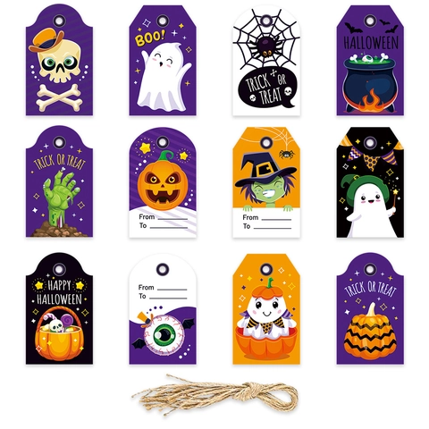 Etichette Regalo Halloween Cartone Bianco Cartone Animato Fantasma Zucca Scheletro DIY Decorazione Sospesa Con Spago