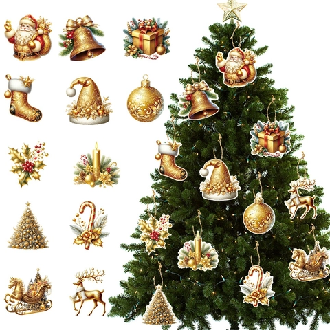 Ornamenti Appesi Di Natale Cartoncino Dorato Doppia Faccia Decorazioni Albero Con Corda Di Canapa Per Festa Casa