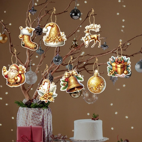Ornamenti Appesi Di Natale Cartoncino Dorato Doppia Faccia Decorazioni Albero Con Corda Di Canapa Per Festa Casa
