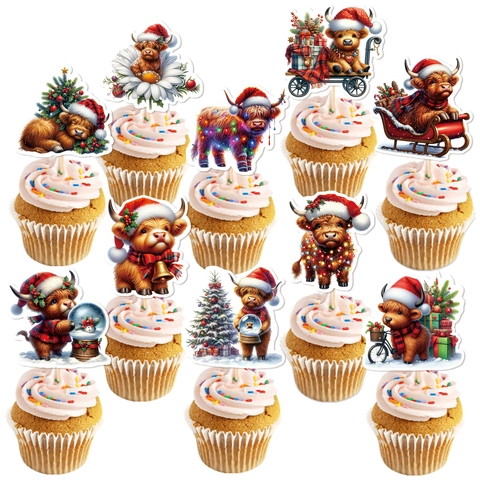Highland Cow Christmas Cake Toppers Cartoon Animal Dessert Picks Cardboard Festive Party Decorations Cute Holiday Decor
