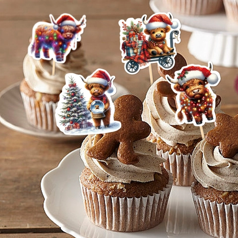 Highland Cow Christmas Cake Toppers Cartoon Animal Dessert Picks Cardboard Festive Party Decorations Cute Holiday Decor