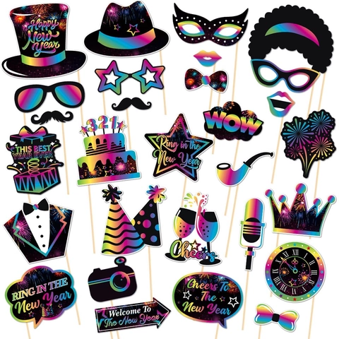 Oggetti Di Scena Foto Per Festa Di Capodanno Portatili Cartone Neon Arcobaleno E Bastoncino Di Legno Decorazione Divertente