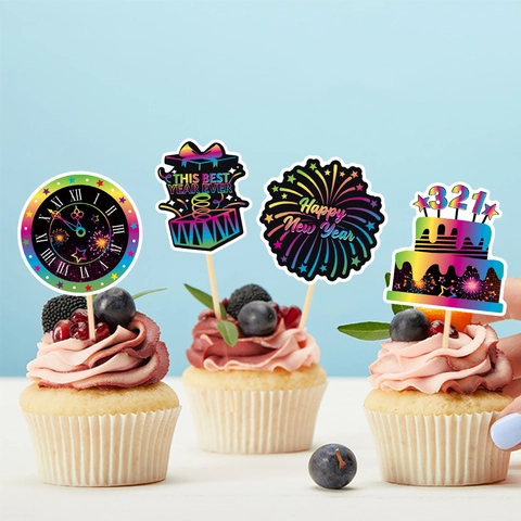 Happy New Year Kuchendeko Regenbogen Gradient Papier Cupcake Picks Mit Hüten Feuerwerk Uhren Und Geschenkboxen Für Partys