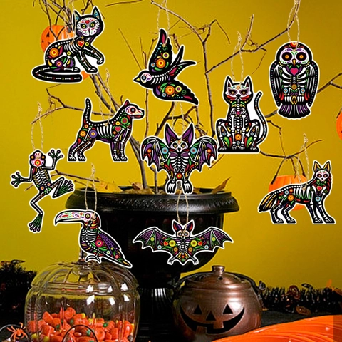 Etichette Appese Giorno Dei Morti Ornamenti Scheletri Di Animali Stile Sugar Skull Decorazioni In Cartoncino Con Spago
