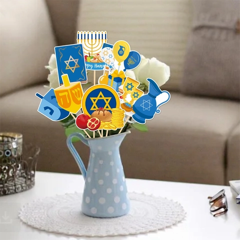 Hanoukka Inserts De Vase Papier Menorah Étoile De David Dreidel Motifs Décoration De Table Fête Accessoires Photo